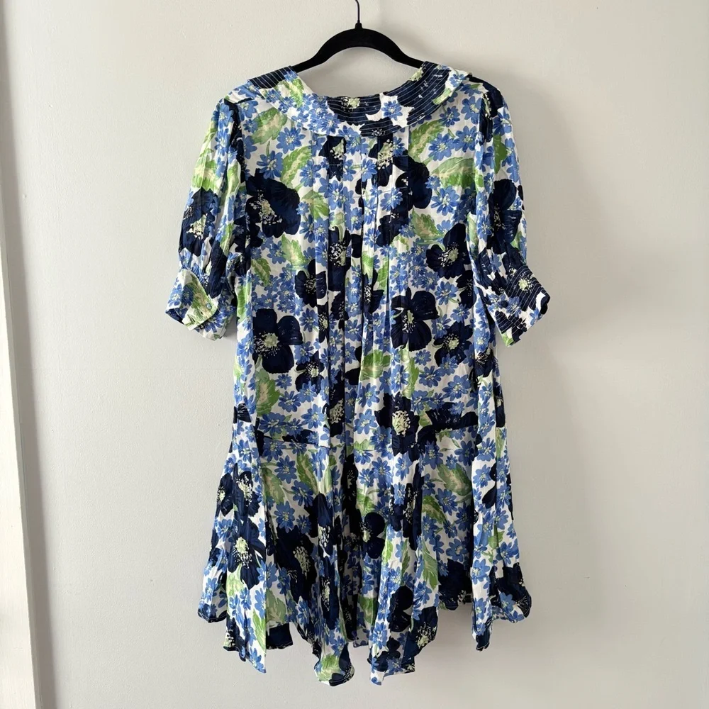 Free People NWT Moon Chaser Mini Dress Floral Print Short Puff Sleeves Blue